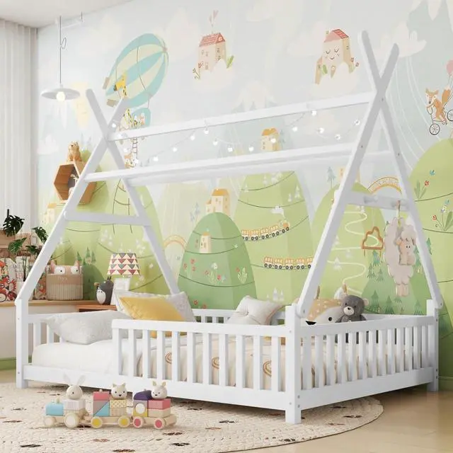 Main image of Classic Tent Bed Floor Beds Rustic Wood Canopy Bed Frame w/Roof&LED Light for Boy Girl,Funny Montessori Bed Daybed w/Fence Railings&Wooden Slats Support for Bedroom,No Box Spring Needed (White Full)