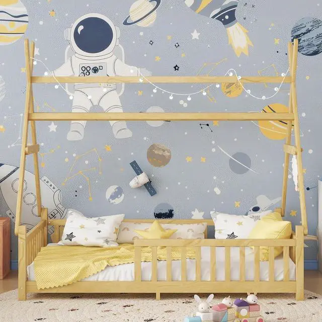 Alt view image 3 of 7 - Hassyee Twin/Full Size House Floor Bed with Roof Design and LED Light, Montessori Bed with Fence Guardrail and Slats Support for Boys Girls Bedroom Guest Playroom, No Box Spring Needed (Natural Twin)