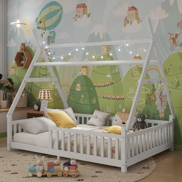 Alt view image 5 of 7 - Classic Tent Bed Floor Beds Rustic Wood Canopy Bed Frame w/Roof&LED Light for Boy Girl,Funny Montessori Bed Daybed w/Fence Railings&Wooden Slats Support for Bedroom,No Box Spring Needed (White Full)