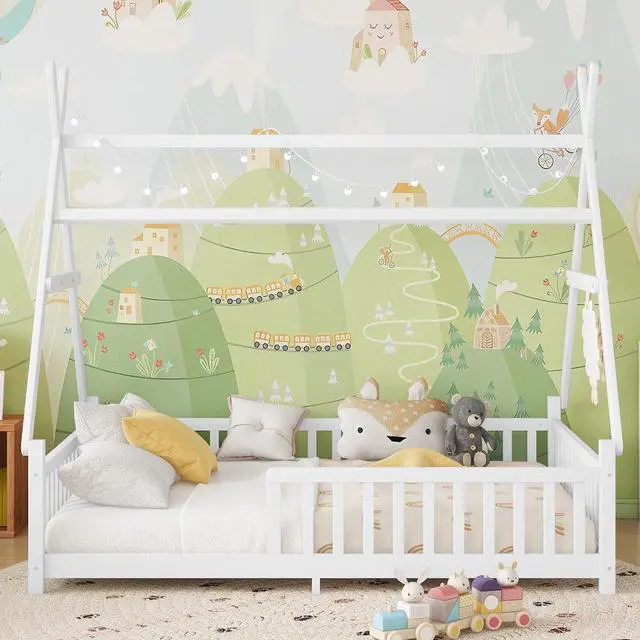 Alt view image 3 of 7 - Classic Tent Bed Floor Beds Rustic Wood Canopy Bed Frame w/Roof&LED Light for Boy Girl,Funny Montessori Bed Daybed w/Fence Railings&Wooden Slats Support for Bedroom,No Box Spring Needed (White Full)