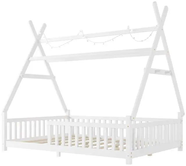 Alt view image 6 of 7 - Classic Tent Bed Floor Beds Rustic Wood Canopy Bed Frame w/Roof&LED Light for Boy Girl,Funny Montessori Bed Daybed w/Fence Railings&Wooden Slats Support for Bedroom,No Box Spring Needed (White Full)