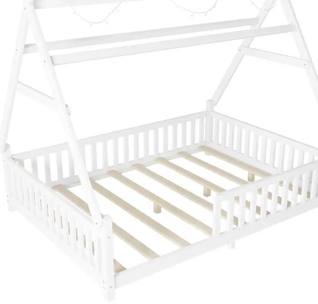 Alt view image 7 of 7 - Classic Tent Bed Floor Beds Rustic Wood Canopy Bed Frame w/Roof&LED Light for Boy Girl,Funny Montessori Bed Daybed w/Fence Railings&Wooden Slats Support for Bedroom,No Box Spring Needed (White Full)