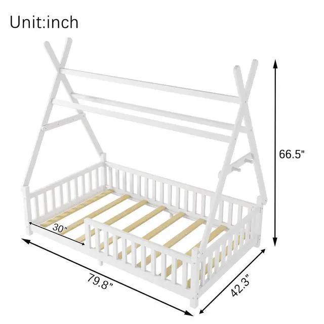 Alt view image 2 of 7 - Classic Tent Bed Floor Beds Rustic Wood Canopy Bed Frame w/Roof&LED Light for Boy Girl,Funny Montessori Bed Daybed w/Fence Railings&Wooden Slats Support for Bedroom,No Box Spring Needed (White Twin)