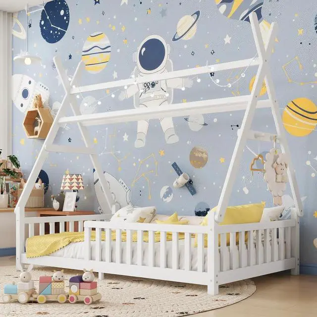 Main image of Classic Tent Bed Floor Beds Rustic Wood Canopy Bed Frame w/Roof&LED Light for Boy Girl,Funny Montessori Bed Daybed w/Fence Railings&Wooden Slats Support for Bedroom,No Box Spring Needed (White Twin)
