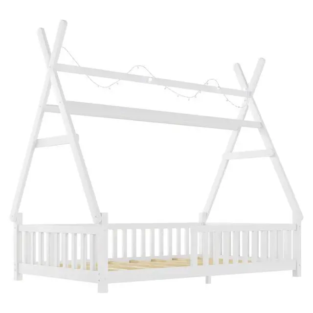 Alt view image 5 of 7 - Classic Tent Bed Floor Beds Rustic Wood Canopy Bed Frame w/Roof&LED Light for Boy Girl,Funny Montessori Bed Daybed w/Fence Railings&Wooden Slats Support for Bedroom,No Box Spring Needed (White Twin)