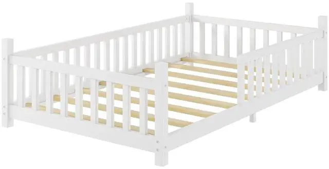 Alt view image 6 of 7 - Classic Tent Bed Floor Beds Rustic Wood Canopy Bed Frame w/Roof&LED Light for Boy Girl,Funny Montessori Bed Daybed w/Fence Railings&Wooden Slats Support for Bedroom,No Box Spring Needed (White Twin)