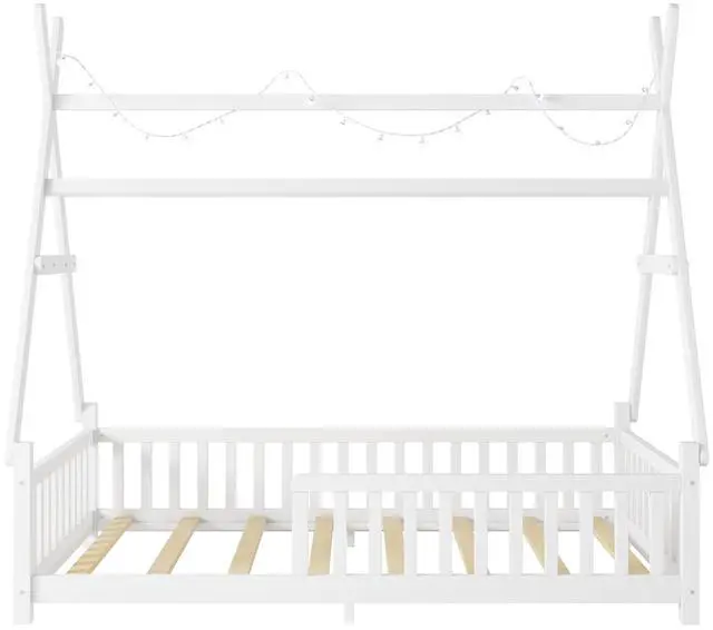 Alt view image 7 of 7 - Classic Tent Bed Floor Beds Rustic Wood Canopy Bed Frame w/Roof&LED Light for Boy Girl,Funny Montessori Bed Daybed w/Fence Railings&Wooden Slats Support for Bedroom,No Box Spring Needed (White Twin)
