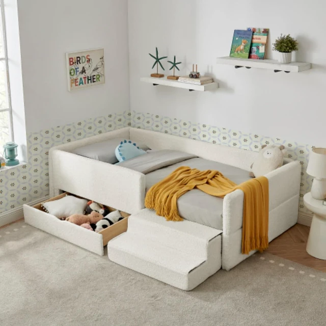 Main image of Hassyee Twin Size Floor Bed with Storage Drawers and Step Stairs, Upholstered Montessori Bed with Safety Guardrails and Wooden Slats Support for Bedroom Guest Room Apartment (Beige Twin)