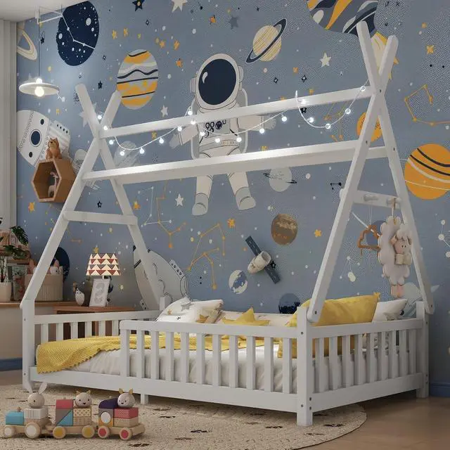 Alt view image 4 of 7 - Classic Tent Bed Floor Beds Rustic Wood Canopy Bed Frame w/Roof&LED Light for Boy Girl,Funny Montessori Bed Daybed w/Fence Railings&Wooden Slats Support for Bedroom,No Box Spring Needed (White Twin)