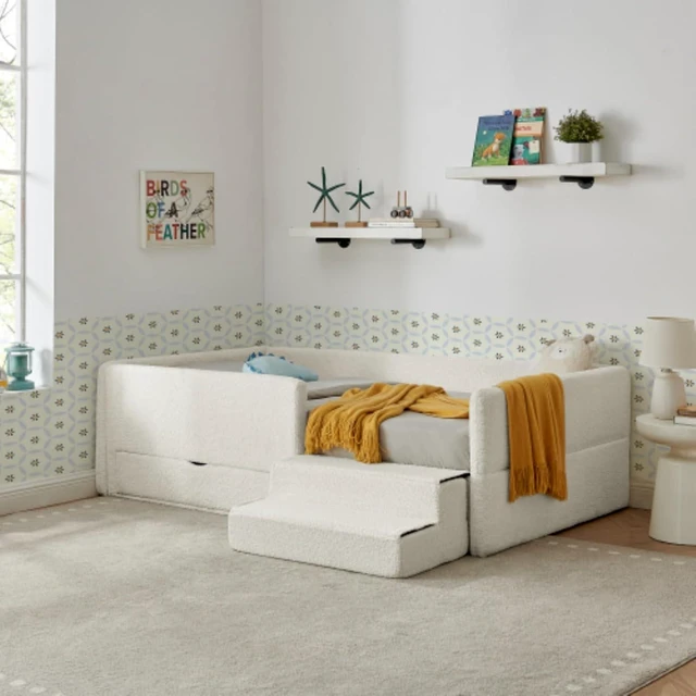 Alt view image 3 of 7 - Hassyee Twin Size Floor Bed with Storage Drawers and Step Stairs, Upholstered Montessori Bed with Safety Guardrails and Wooden Slats Support for Bedroom Guest Room Apartment (Beige Twin)