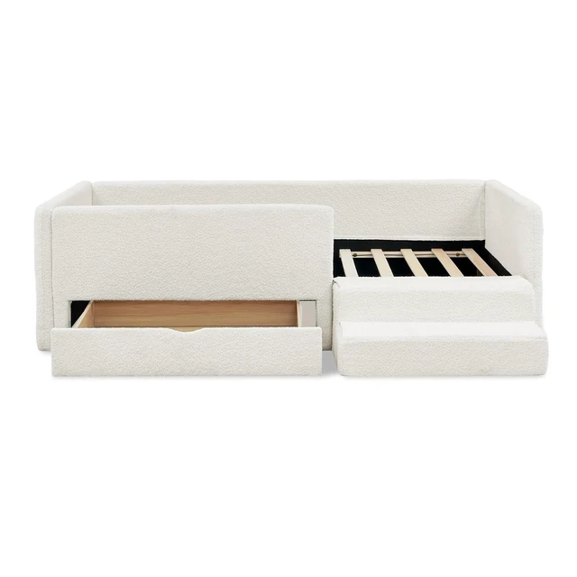 Alt view image 5 of 7 - Hassyee Twin Size Floor Bed with Storage Drawers and Step Stairs, Upholstered Montessori Bed with Safety Guardrails and Wooden Slats Support for Bedroom Guest Room Apartment (Beige Twin)