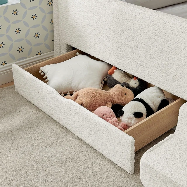 Alt view image 6 of 7 - Hassyee Twin Size Floor Bed with Storage Drawers and Step Stairs, Upholstered Montessori Bed with Safety Guardrails and Wooden Slats Support for Bedroom Guest Room Apartment (Beige Twin)