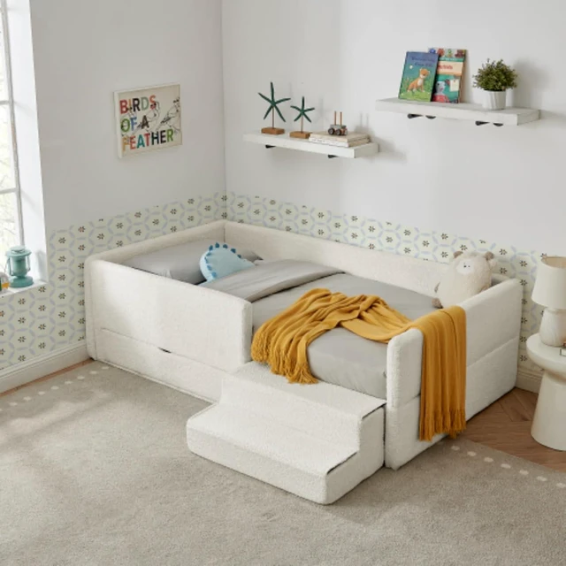 Alt view image 4 of 7 - Hassyee Twin Size Floor Bed with Storage Drawers and Step Stairs, Upholstered Montessori Bed with Safety Guardrails and Wooden Slats Support for Bedroom Guest Room Apartment (Beige Twin)
