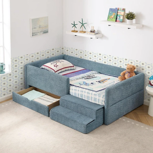 Main image of Hassyee Twin Size Floor Bed with Storage Drawers and Step Stairs, Upholstered Montessori Bed with Safety Guardrails and Wooden Slats Support for Bedroom Guest Room Apartment (Navy Twin)
