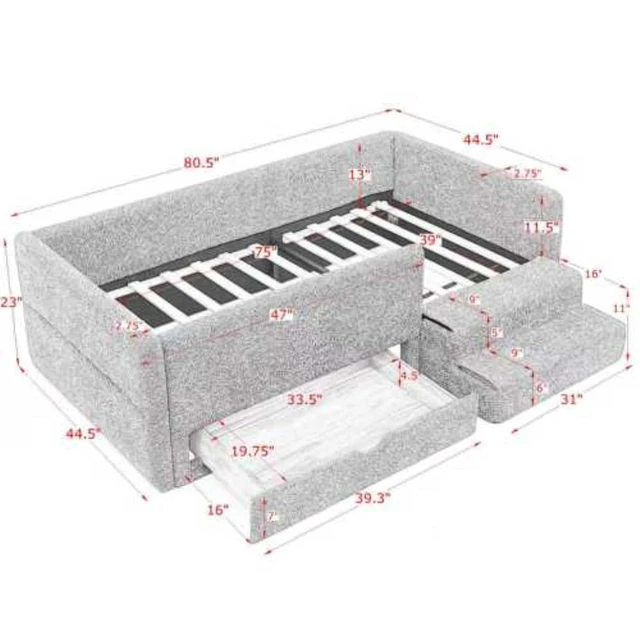 Alt view image 2 of 7 - Hassyee Twin Size Floor Bed with Storage Drawers and Step Stairs, Upholstered Montessori Bed with Safety Guardrails and Wooden Slats Support for Bedroom Guest Room Apartment (Beige Twin)