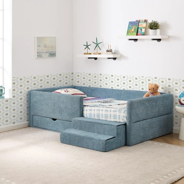 Alt view image 3 of 7 - Hassyee Twin Size Floor Bed with Storage Drawers and Step Stairs, Upholstered Montessori Bed with Safety Guardrails and Wooden Slats Support for Bedroom Guest Room Apartment (Navy Twin)