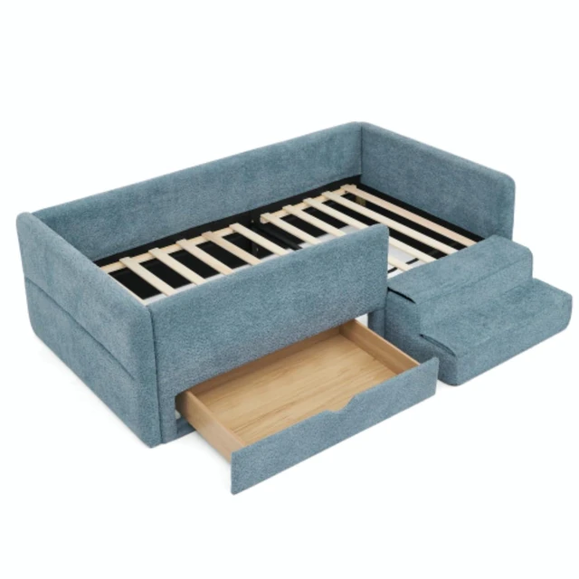 Alt view image 6 of 7 - Hassyee Twin Size Floor Bed with Storage Drawers and Step Stairs, Upholstered Montessori Bed with Safety Guardrails and Wooden Slats Support for Bedroom Guest Room Apartment (Navy Twin)