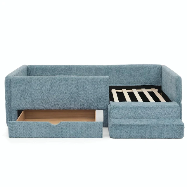 Alt view image 7 of 7 - Hassyee Twin Size Floor Bed with Storage Drawers and Step Stairs, Upholstered Montessori Bed with Safety Guardrails and Wooden Slats Support for Bedroom Guest Room Apartment (Navy Twin)