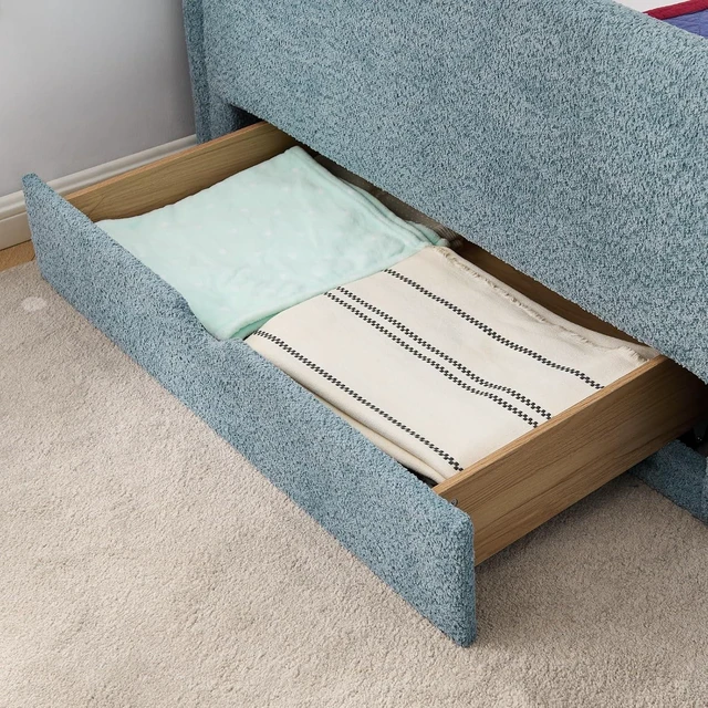 Alt view image 5 of 7 - Hassyee Twin Size Floor Bed with Storage Drawers and Step Stairs, Upholstered Montessori Bed with Safety Guardrails and Wooden Slats Support for Bedroom Guest Room Apartment (Navy Twin)