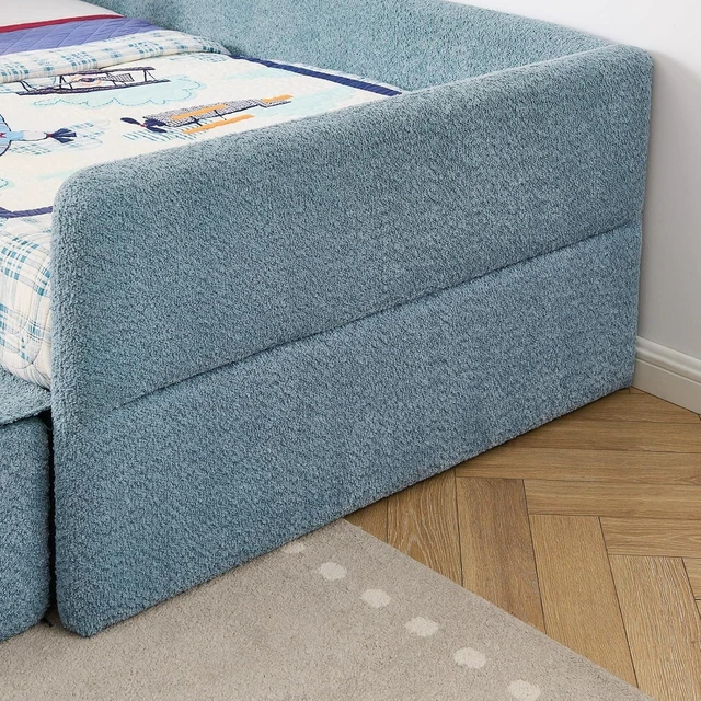 Alt view image 4 of 7 - Hassyee Twin Size Floor Bed with Storage Drawers and Step Stairs, Upholstered Montessori Bed with Safety Guardrails and Wooden Slats Support for Bedroom Guest Room Apartment (Navy Twin)