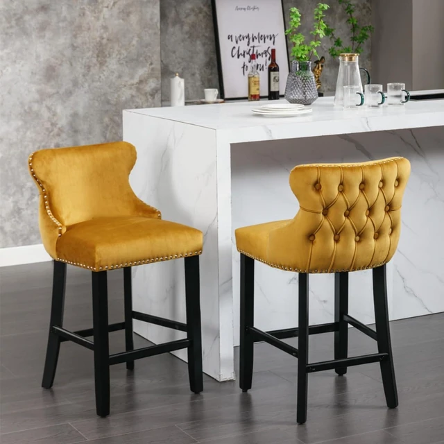 Main image of Hassyee Contemporary Velvet Upholstered Wing-Back Barstools with Button Tufted Decoration and Wooden Legs, and Chrome Nailhead Trim, Leisure Style Bar Chairs,Set of 2 (Gold + Set of 2)