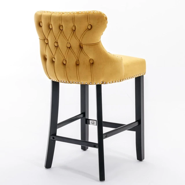 Alt view image 6 of 7 - Hassyee Contemporary Velvet Upholstered Wing-Back Barstools with Button Tufted Decoration and Wooden Legs, and Chrome Nailhead Trim, Leisure Style Bar Chairs,Set of 2 (Gold + Set of 2)