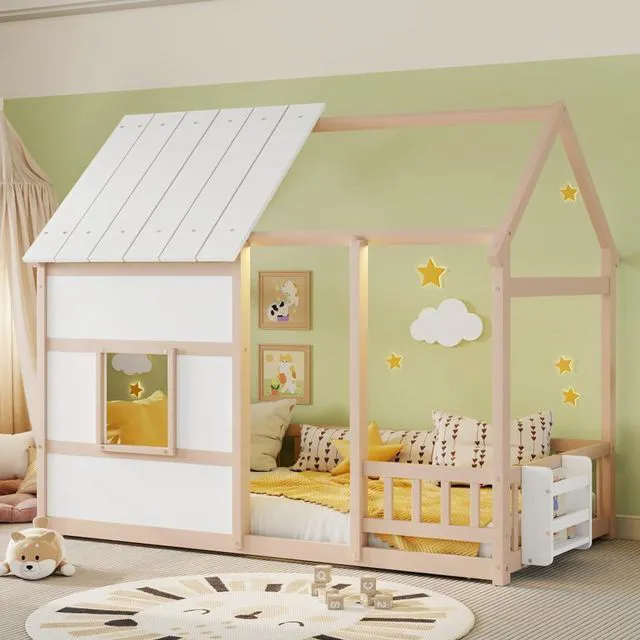 Main image of Twin Size House Bed Solid Wood Cabin Bed Floor Bedframe w/Roof & Window for Boy Girl, Multi-functional Montessori Canopy Beds w/Small Bookcase for Bedroom Dorm, Can Be Decorated with Ribbons (Nude)