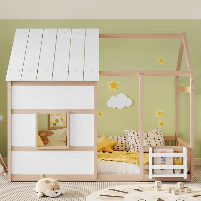 Alt view image 3 of 7 - Twin Size House Bed Solid Wood Cabin Bed Floor Bedframe w/Roof & Window for Boy Girl, Multi-functional Montessori Canopy Beds w/Small Bookcase for Bedroom Dorm, Can Be Decorated with Ribbons (Nude)