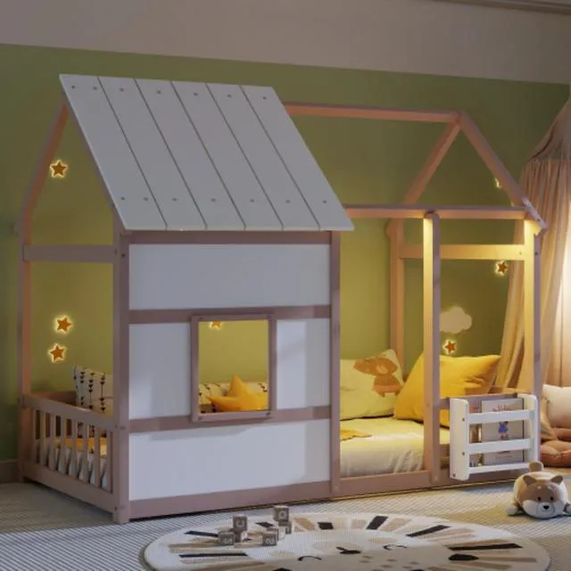 Alt view image 4 of 7 - Twin Size House Bed Solid Wood Cabin Bed Floor Bedframe w/Roof & Window for Boy Girl, Multi-functional Montessori Canopy Beds w/Small Bookcase for Bedroom Dorm, Can Be Decorated with Ribbons (Nude)