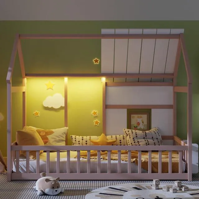 Alt view image 5 of 7 - Twin Size House Bed Solid Wood Cabin Bed Floor Bedframe w/Roof & Window for Boy Girl, Multi-functional Montessori Canopy Beds w/Small Bookcase for Bedroom Dorm, Can Be Decorated with Ribbons (Nude)