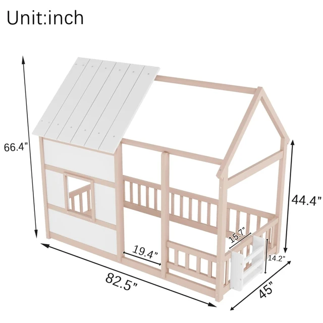 Alt view image 2 of 7 - Twin Size House Bed Solid Wood Cabin Bed Floor Bedframe w/Roof & Window for Boy Girl, Multi-functional Montessori Canopy Beds w/Small Bookcase for Bedroom Dorm, Can Be Decorated with Ribbons (Nude)