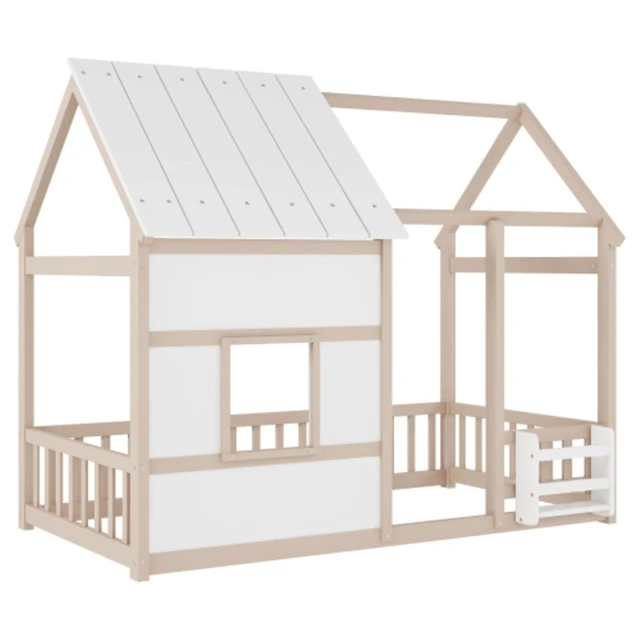 Alt view image 7 of 7 - Twin Size House Bed Solid Wood Cabin Bed Floor Bedframe w/Roof & Window for Boy Girl, Multi-functional Montessori Canopy Beds w/Small Bookcase for Bedroom Dorm, Can Be Decorated with Ribbons (Nude)