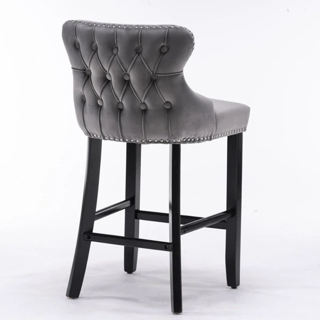 Alt view image 5 of 7 - Hassyee Contemporary Velvet Upholstered Wing-Back Barstools with Button Tufted Decoration and Wooden Legs, and Chrome Nailhead Trim, Leisure Style Bar Chairs,Set of 2 (Gray + Set of 2)