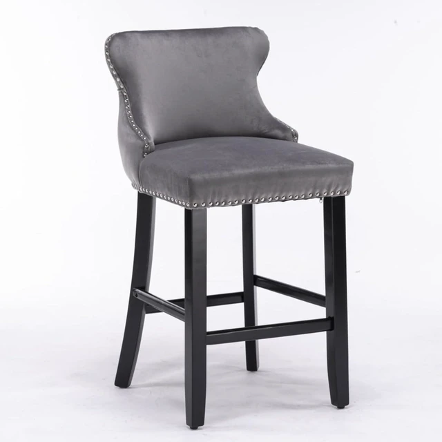 Alt view image 3 of 7 - Hassyee Contemporary Velvet Upholstered Wing-Back Barstools with Button Tufted Decoration and Wooden Legs, and Chrome Nailhead Trim, Leisure Style Bar Chairs,Set of 2 (Gray + Set of 2)