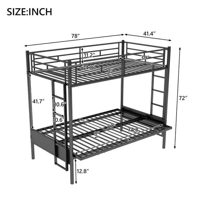 Alt view image 2 of 7 - Hassyee Twin Over Full Metal Bunk Bed with Safety Guardrails and Ladders, Modern Dorm Bed with Under-Bed Storage Space and Slats Support for Master Bedroom Guest Room Apartment