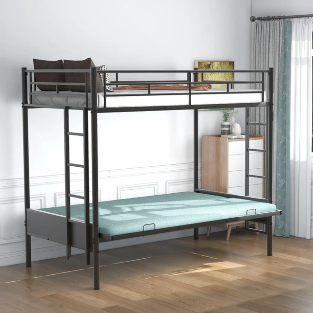 Alt view image 4 of 7 - Hassyee Twin Over Full Metal Bunk Bed with Safety Guardrails and Ladders, Modern Dorm Bed with Under-Bed Storage Space and Slats Support for Master Bedroom Guest Room Apartment