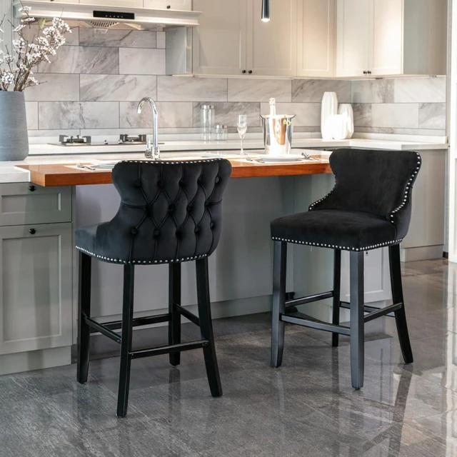 Main image of Hassyee Contemporary Velvet Upholstered Wing-Back Barstools with Button Tufted Decoration and Wooden Legs, and Chrome Nailhead Trim, Leisure Style Bar Chairs,Set of 2 (Black + Set of 2)
