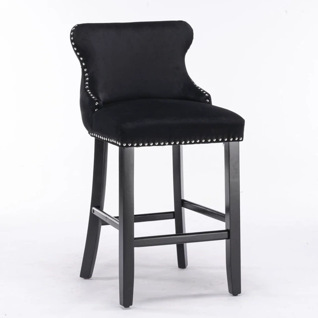 Alt view image 3 of 7 - Hassyee Contemporary Velvet Upholstered Wing-Back Barstools with Button Tufted Decoration and Wooden Legs, and Chrome Nailhead Trim, Leisure Style Bar Chairs,Set of 2 (Black + Set of 2)
