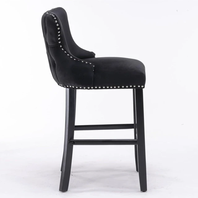 Alt view image 4 of 7 - Hassyee Contemporary Velvet Upholstered Wing-Back Barstools with Button Tufted Decoration and Wooden Legs, and Chrome Nailhead Trim, Leisure Style Bar Chairs,Set of 2 (Black + Set of 2)