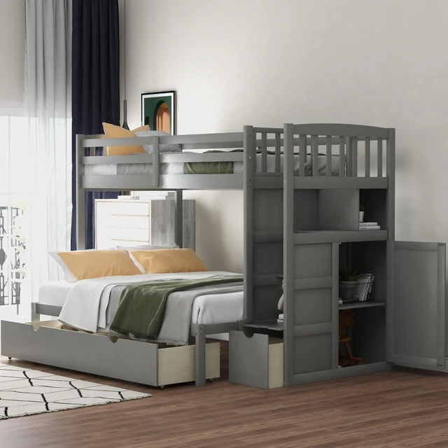 Main image of Hassyee Twin Over Full Bunk Bed with Storage Shelves and Drawers, Dorm Bed with Staircase and Safety Guardrail for Boys Girls Shared Room Bedroom Apartment, No Box Spring Needed (Gray Twin Over Full)