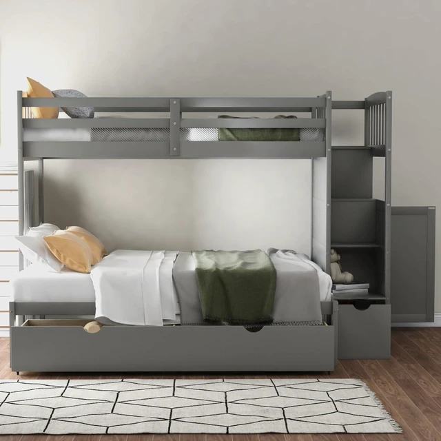 Alt view image 2 of 7 - Hassyee Twin Over Full Bunk Bed with Storage Shelves and Drawers, Dorm Bed with Staircase and Safety Guardrail for Boys Girls Shared Room Bedroom Apartment, No Box Spring Needed (Gray Twin Over Full)
