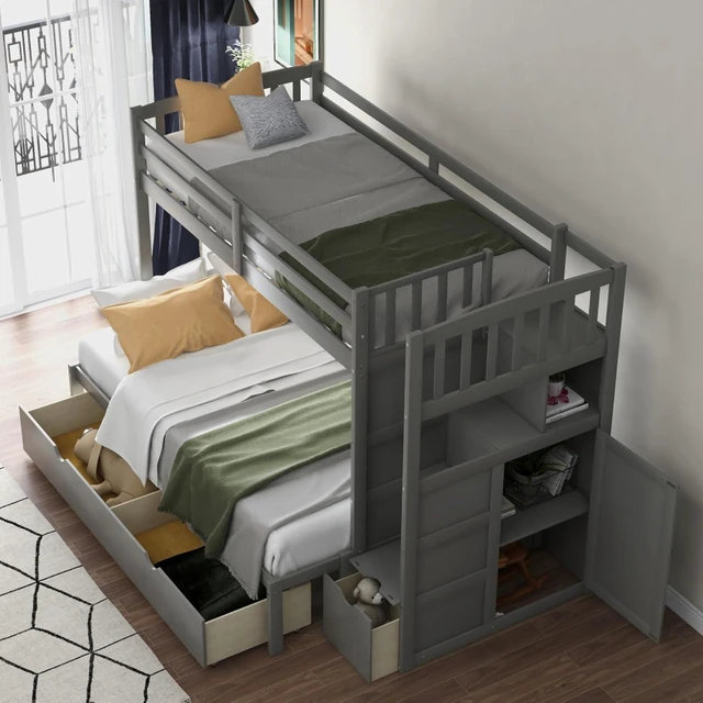 Alt view image 3 of 7 - Hassyee Twin Over Full Bunk Bed with Storage Shelves and Drawers, Dorm Bed with Staircase and Safety Guardrail for Boys Girls Shared Room Bedroom Apartment, No Box Spring Needed (Gray Twin Over Full)