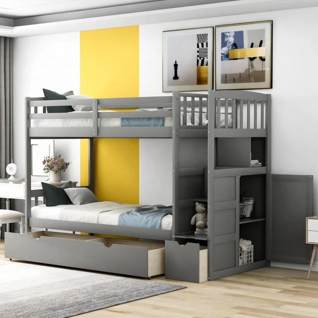 Alt view image 4 of 7 - Hassyee Twin Over Full Bunk Bed with Storage Shelves and Drawers, Dorm Bed with Staircase and Safety Guardrail for Boys Girls Shared Room Bedroom Apartment, No Box Spring Needed (Gray Twin Over Full)