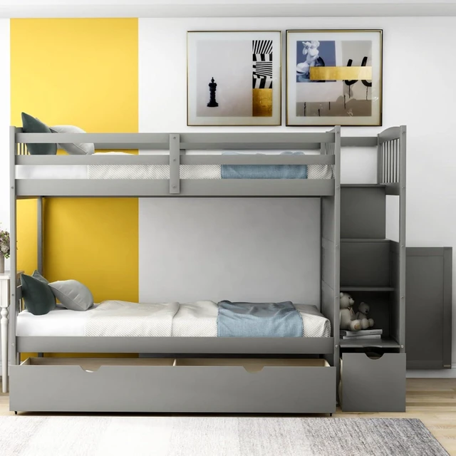 Alt view image 5 of 7 - Hassyee Twin Over Full Bunk Bed with Storage Shelves and Drawers, Dorm Bed with Staircase and Safety Guardrail for Boys Girls Shared Room Bedroom Apartment, No Box Spring Needed (Gray Twin Over Full)