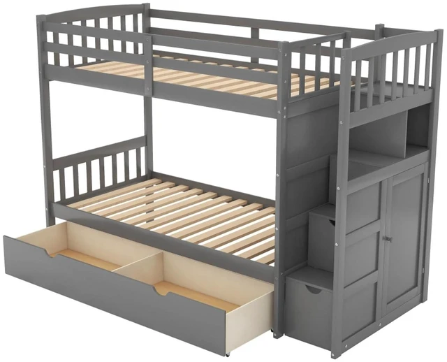 Alt view image 7 of 7 - Hassyee Twin Over Full Bunk Bed with Storage Shelves and Drawers, Dorm Bed with Staircase and Safety Guardrail for Boys Girls Shared Room Bedroom Apartment, No Box Spring Needed (Gray Twin Over Full)