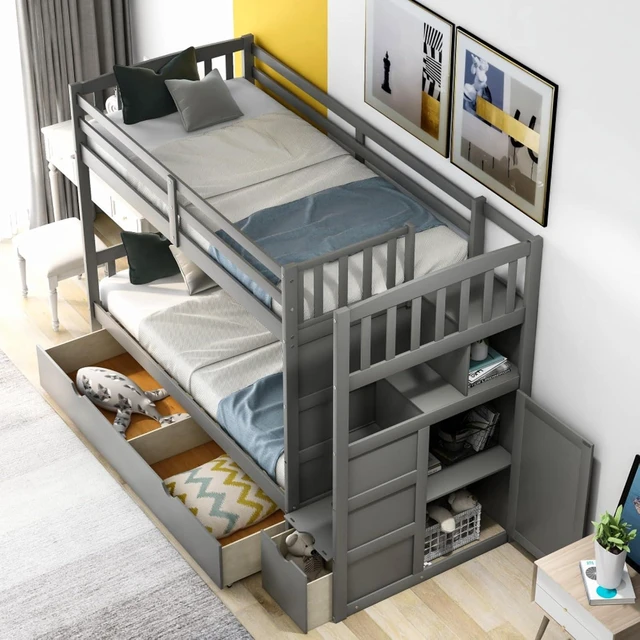 Alt view image 6 of 7 - Hassyee Twin Over Full Bunk Bed with Storage Shelves and Drawers, Dorm Bed with Staircase and Safety Guardrail for Boys Girls Shared Room Bedroom Apartment, No Box Spring Needed (Gray Twin Over Full)