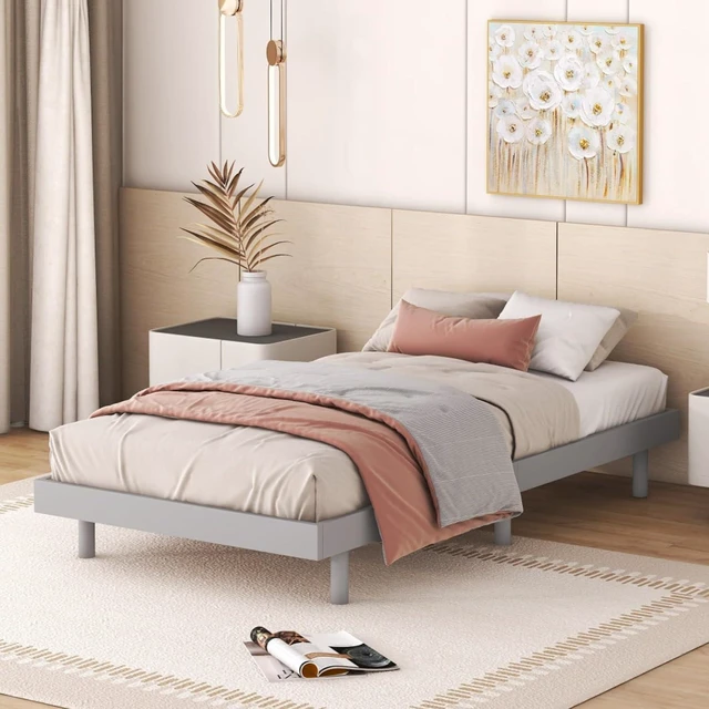 Main image of Twin/Queen/Full Size Low Profile Platform Bed Frame, Modern Panel Bedframe Mattress Base with Wooden Slat Support for Bedroom Guest Room Small Apartment Dormitory, No Box Spring Needed (Grey Twin)