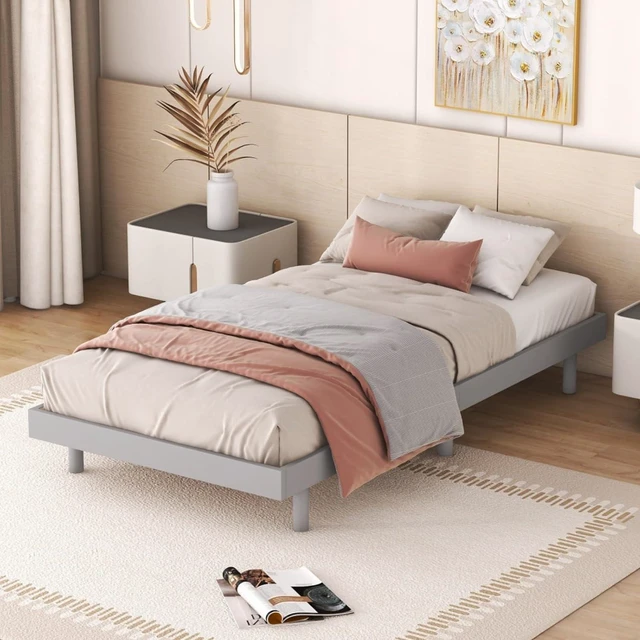 Alt view image 3 of 7 - Twin/Queen/Full Size Low Profile Platform Bed Frame, Modern Panel Bedframe Mattress Base with Wooden Slat Support for Bedroom Guest Room Small Apartment Dormitory, No Box Spring Needed (Grey Twin)