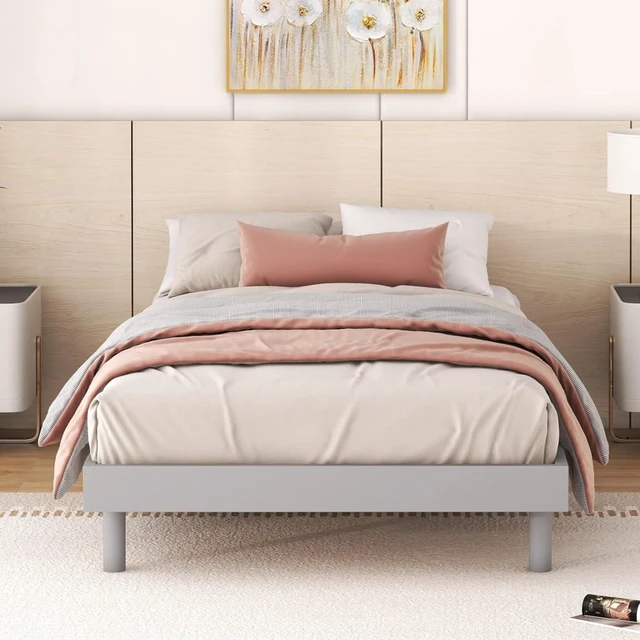 Alt view image 4 of 7 - Twin/Queen/Full Size Low Profile Platform Bed Frame, Modern Panel Bedframe Mattress Base with Wooden Slat Support for Bedroom Guest Room Small Apartment Dormitory, No Box Spring Needed (Grey Twin)