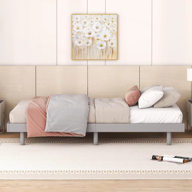 Alt view image 5 of 7 - Twin/Queen/Full Size Low Profile Platform Bed Frame, Modern Panel Bedframe Mattress Base with Wooden Slat Support for Bedroom Guest Room Small Apartment Dormitory, No Box Spring Needed (Grey Twin)